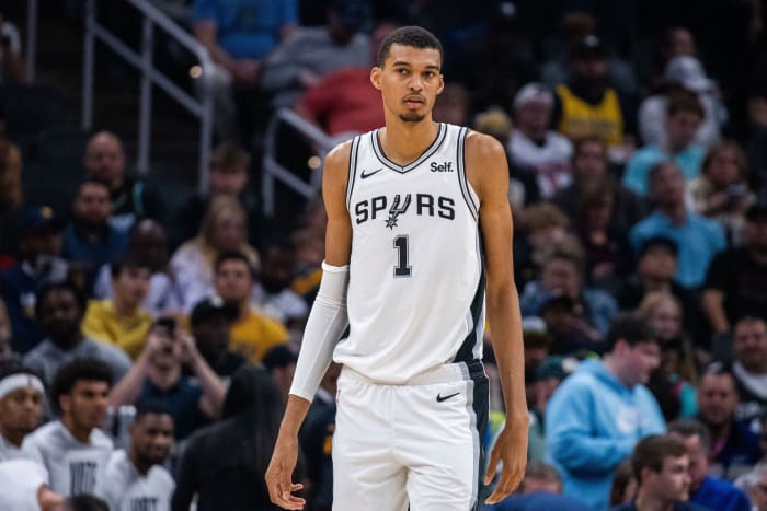 Nov 6, 2023; Indianapolis, Indiana, USA; San Antonio Spurs center Victor Wembanyama (1) in the first half against the Indiana Pacers at Gainbridge Fieldhouse.